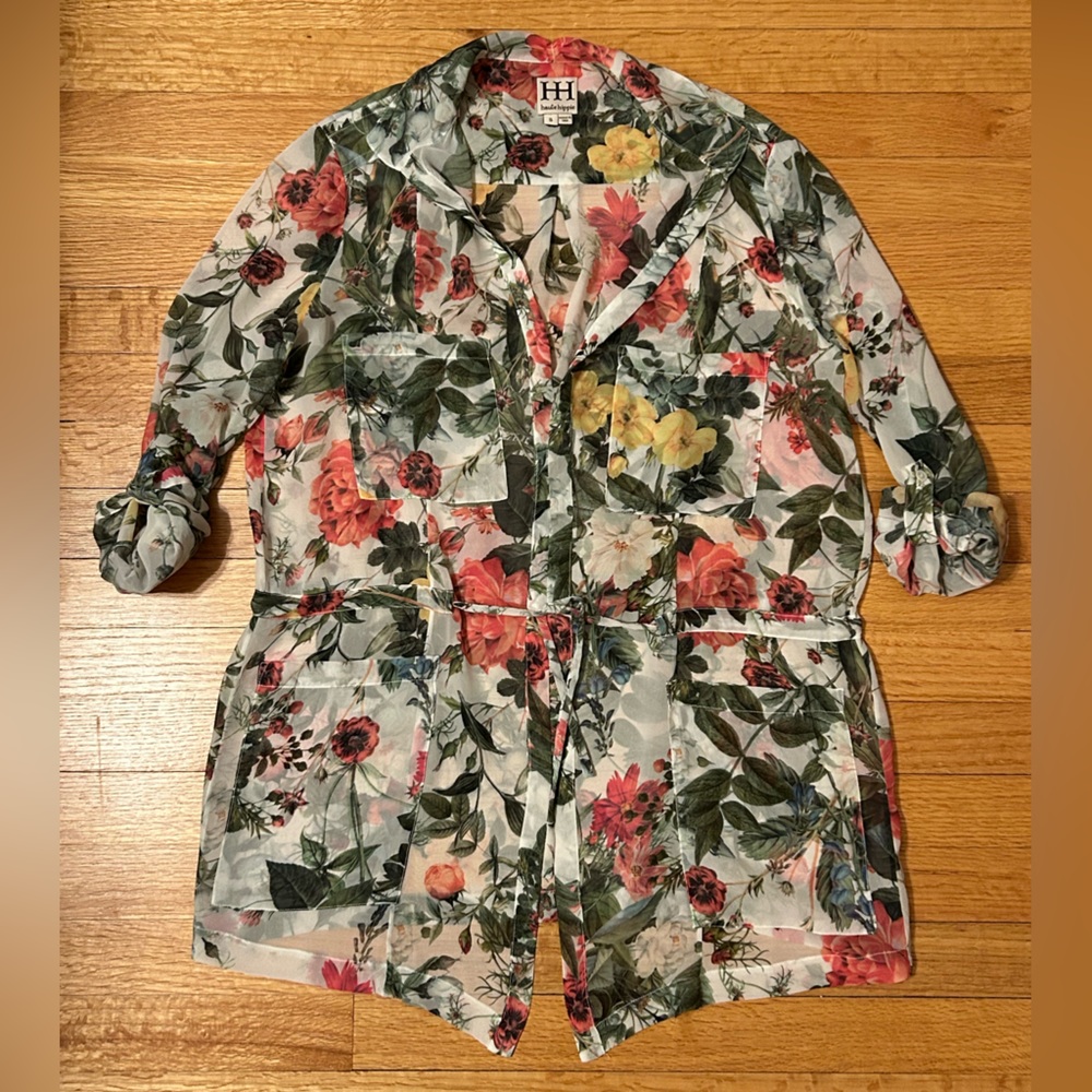 Haute Hippie Sheer Silk Floral Tunic, Rollup Sleeves Open Front Drawstring Waist - Picture 13 of 16